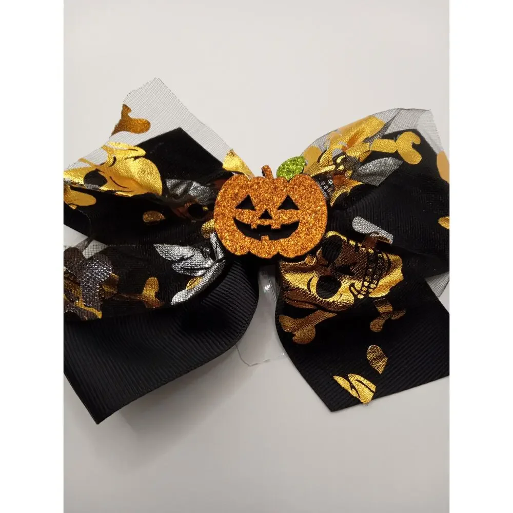 2 Halloween Bows - 1 Orange with Skulls & 1 Black with Jack O Lantern 1104